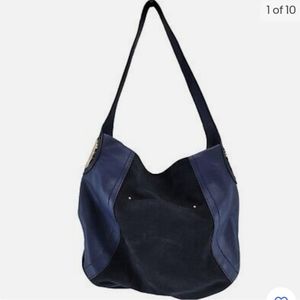 B.Makowaky Blue leather and suede Slouch shoulder Bag with gold tone